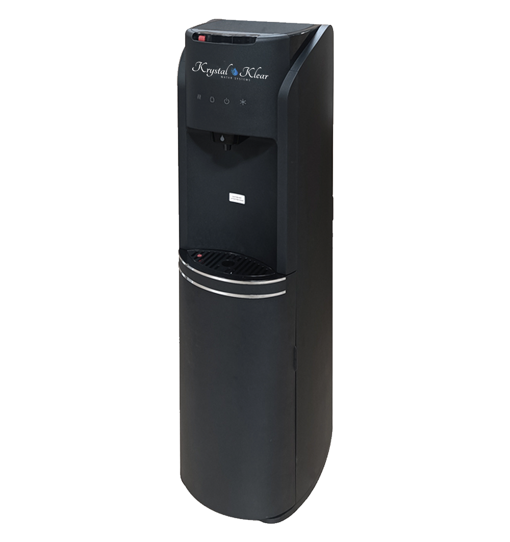 Black water cooler with a digital display and water dispensing area.