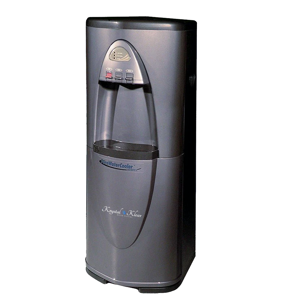 Tall gray water cooler with a spout and buttons, branded 'Krystal Clear' and 'Pure Water Cooler'.