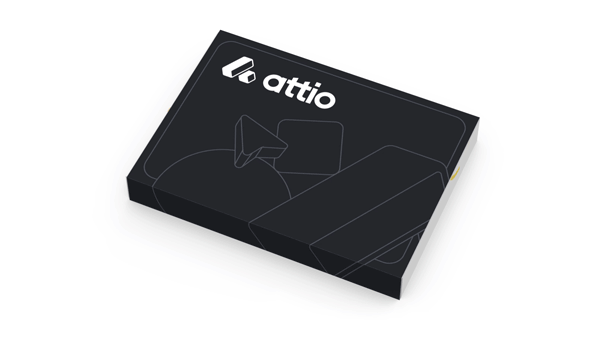 Black box with 'attio' logo and abstract illustrations of a computer, envelope, and chat bubbles.