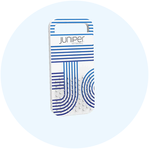 A Juniper Networks device, possibly a cooling pad or accessory, with a white background and blue striped design.