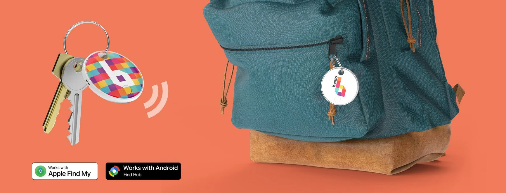 A set of keys with a colorful, round Bluetooth tracker attached, near a teal backpack.