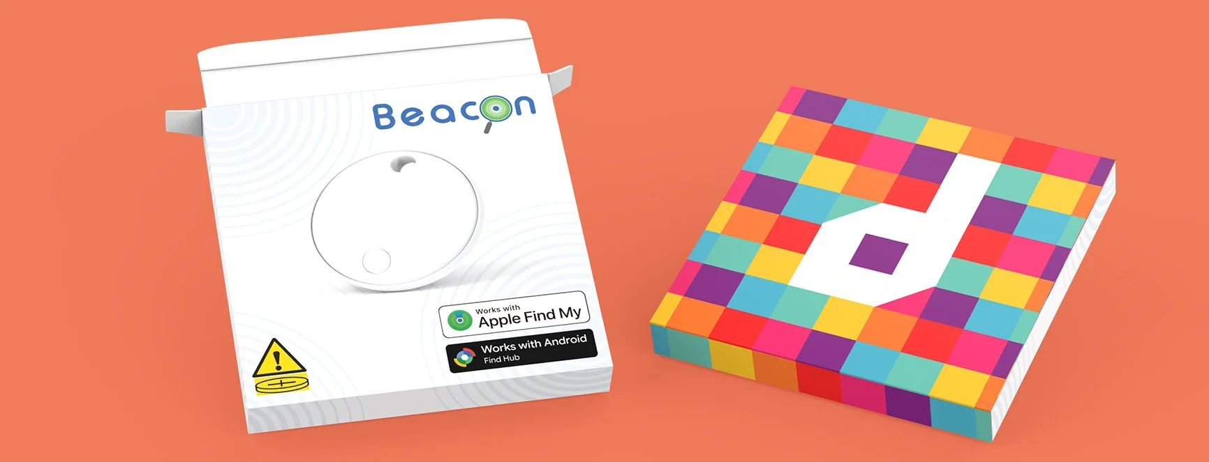 A pair of product packages labeled 'Beacon' on a coral-colored surface, with one showing a circular beacon device and the other containing warning and safety information.