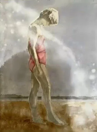 A sculpture of a boy standing on a surface with clouds and a distant horizon in the background.