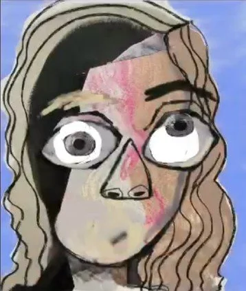 A stylized, cartoon-like portrait of a girl with large eyes, wavy hair, and exaggerated facial features, created with mixed media including drawings and collage elements.