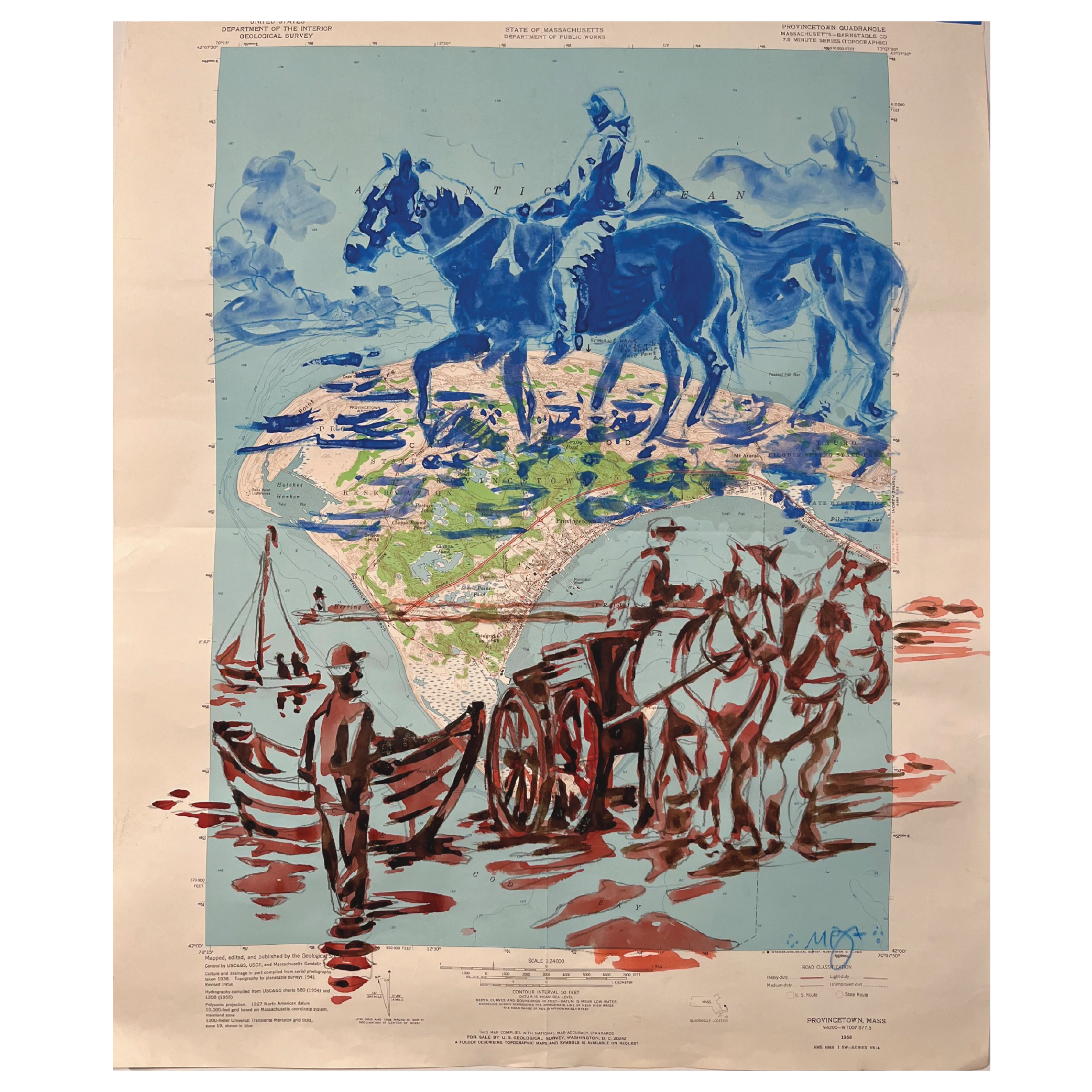 Mark Adams, Painting, Artwork overlaying a map of Provincetown, Massachusetts, depicting colonial scene with fishermen, horse-drawn cart, soldiers, and large blue horses in the sky.