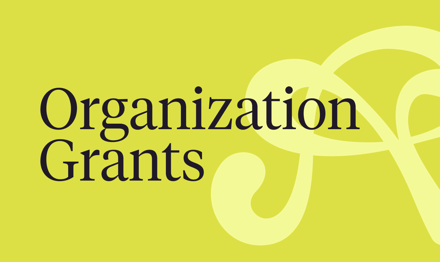 Yellow background with large black text that reads "Organization Grants" and a faint, abstract design in the background.