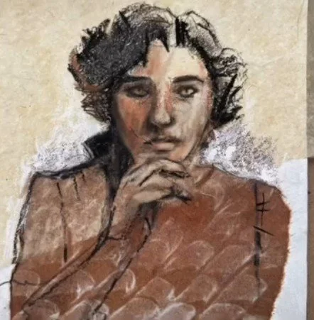 A painting of a woman with dark, curly hair, a serious expression, and her hand resting on her face, with a textured background.