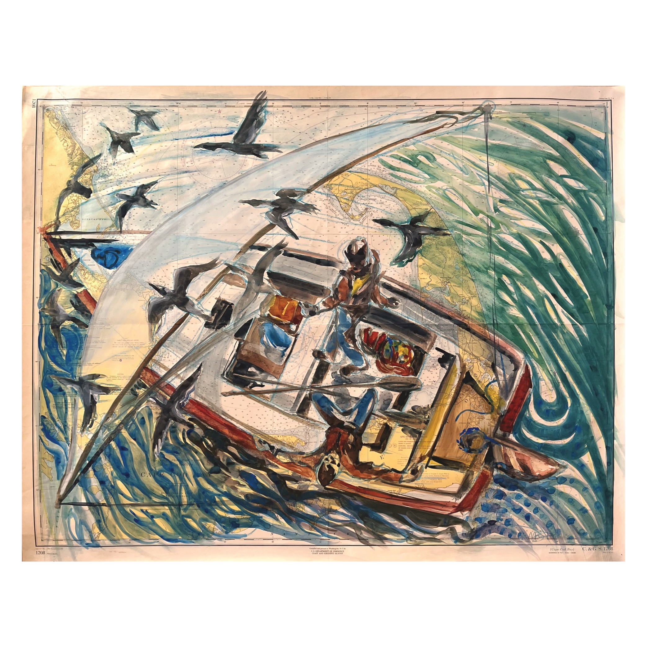 Mark Adams, Painting, A colorful watercolor map illustrating a boat with bird illustrations flying above and around it, over a stylized ocean scene.
