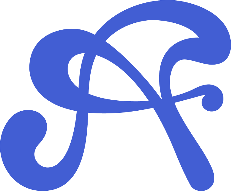 Stylized blue letter A with ornate, flowing design on a black background.