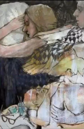 Two women lying in bed, one resting her head on a pillow and the other covering her with a blanket, with some objects like glasses visible on a surface nearby.