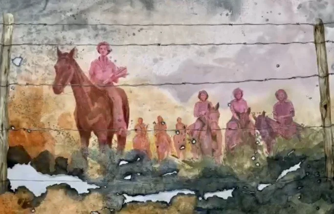 Painting of a group of people riding horses on a dirt trail, with a woman in a pink dress and hat at the front, behind a barbed wire fence with wooden posts.