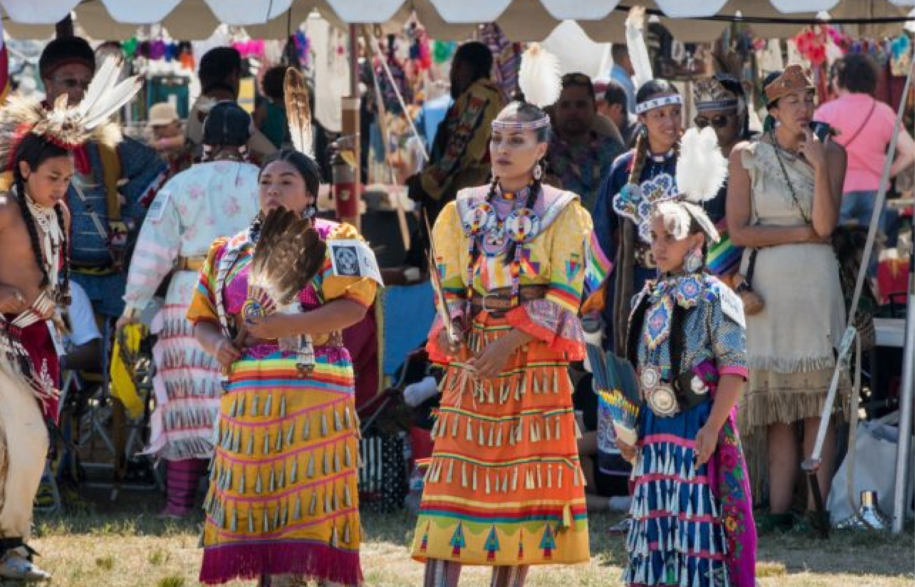 People dressed in traditional Native American clothing at a cultural festival, with many wearing colorful dresses and accessories, and some holding feathered fans.