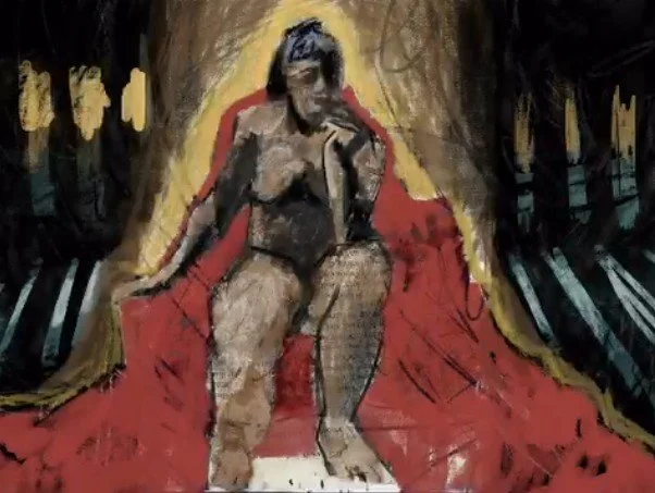 Mixed media artwork depicting a woman sitting on a red surface against a yellow background, with dark trees or abstract forms on either side.