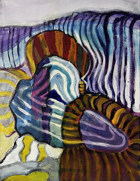 Joe Diggs Painting Abstract painting featuring a woman's face with swirling patterns, vibrant colors, and striped textures.