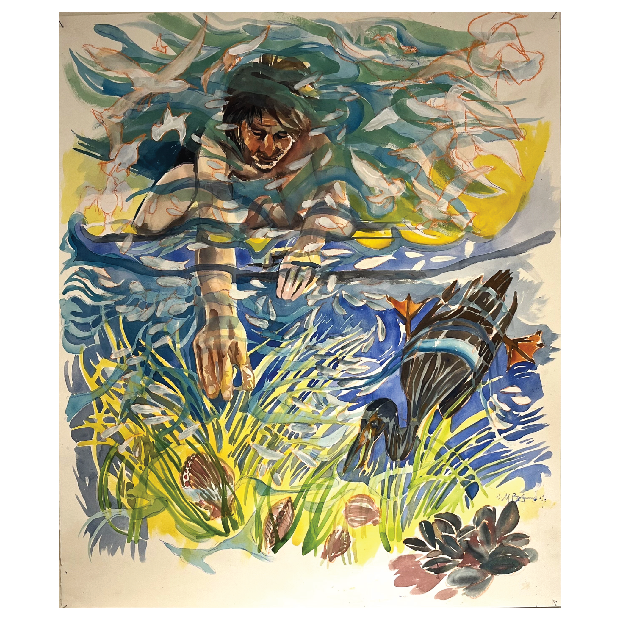 Mark Adams, Painting, A colorful painting of a person reaching into a pond with a duck nearby, surrounded by reeds and plants, with birds flying overhead.