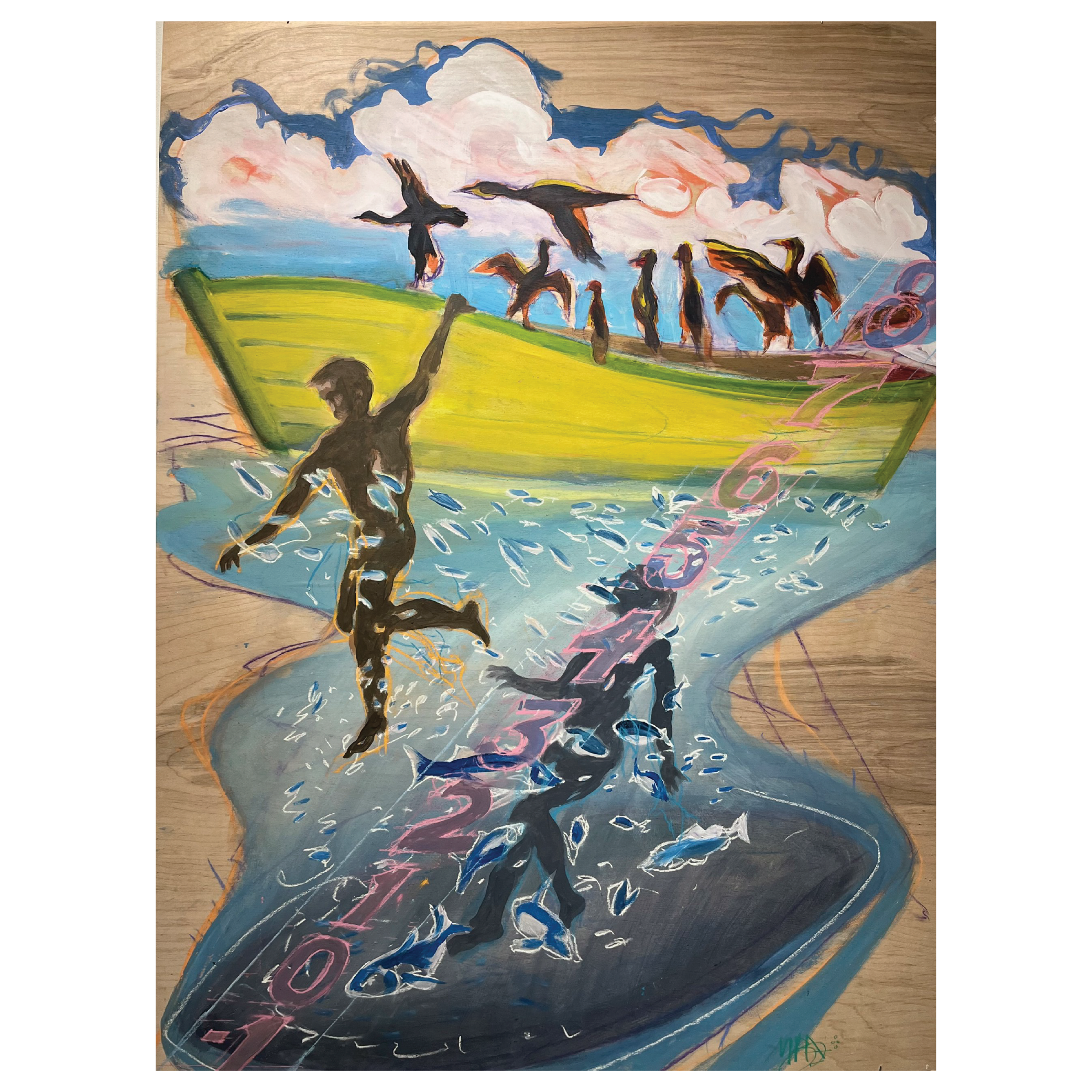 Mark Adams, Painting, A colorful painting depicts a person jumping into water from a boat, with seagulls flying overhead and the year 2014 written across the scene.