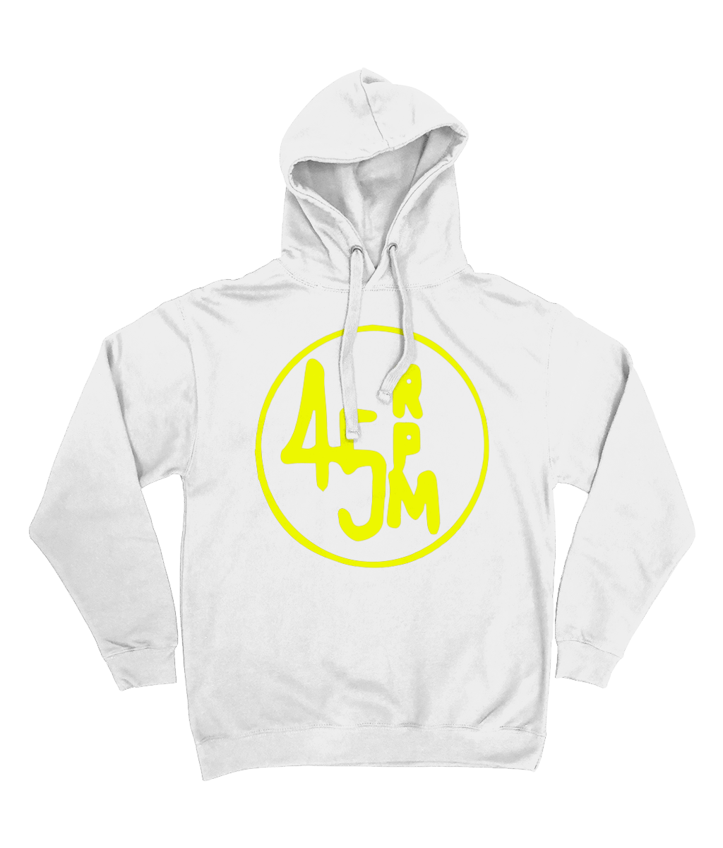 White Unisex bloodsweatandtees 45rpm Graphic Yellow Print hooded sweatshirt.