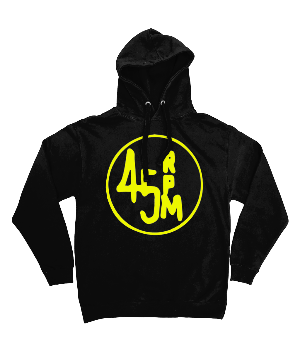 Black Unisex bloodsweatandtees 45rpm Yellow Graphic Print hooded sweatshirt.