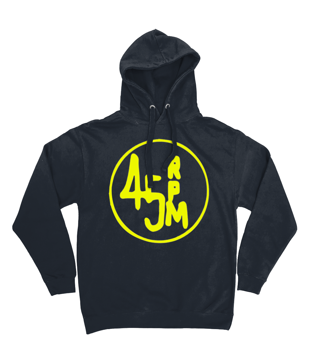 Navy Blue Unisex bloodsweatandtees 45rpm Graphic Yellow Print hooded sweatshirt.
