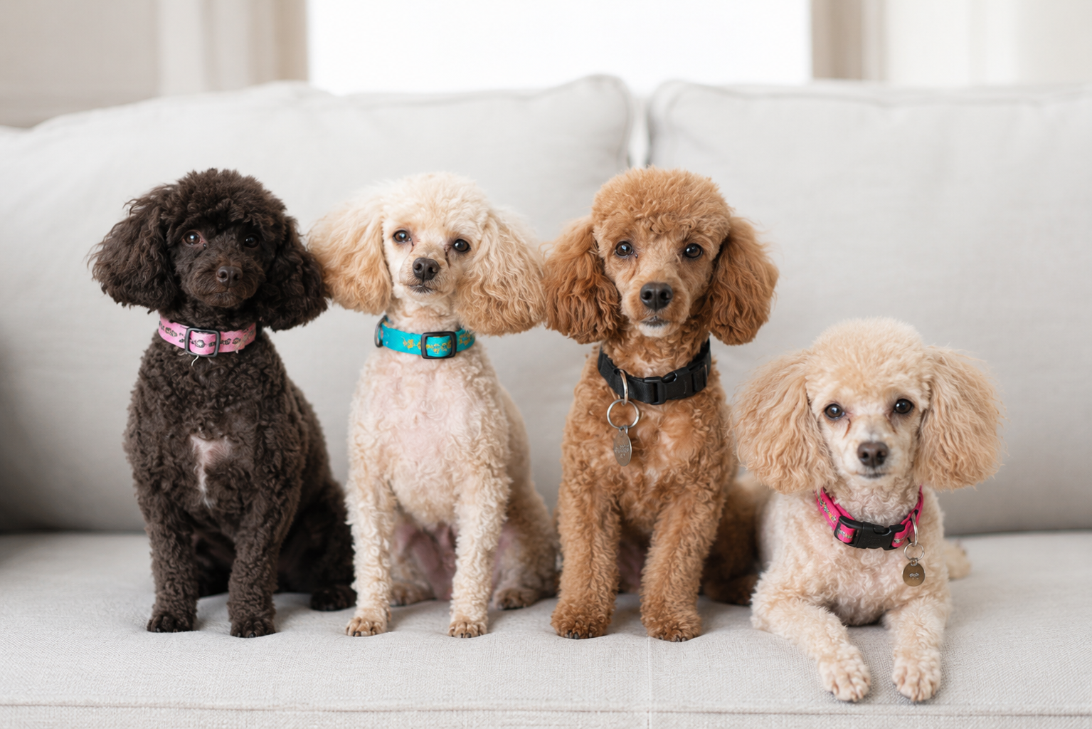 Five poodles sitting on a beige couch, with four sitting and one lying down. They are wearing colorful collars in pink, blue, black, and pink, with tags. The background features cream-colored curtains and bright natural light.