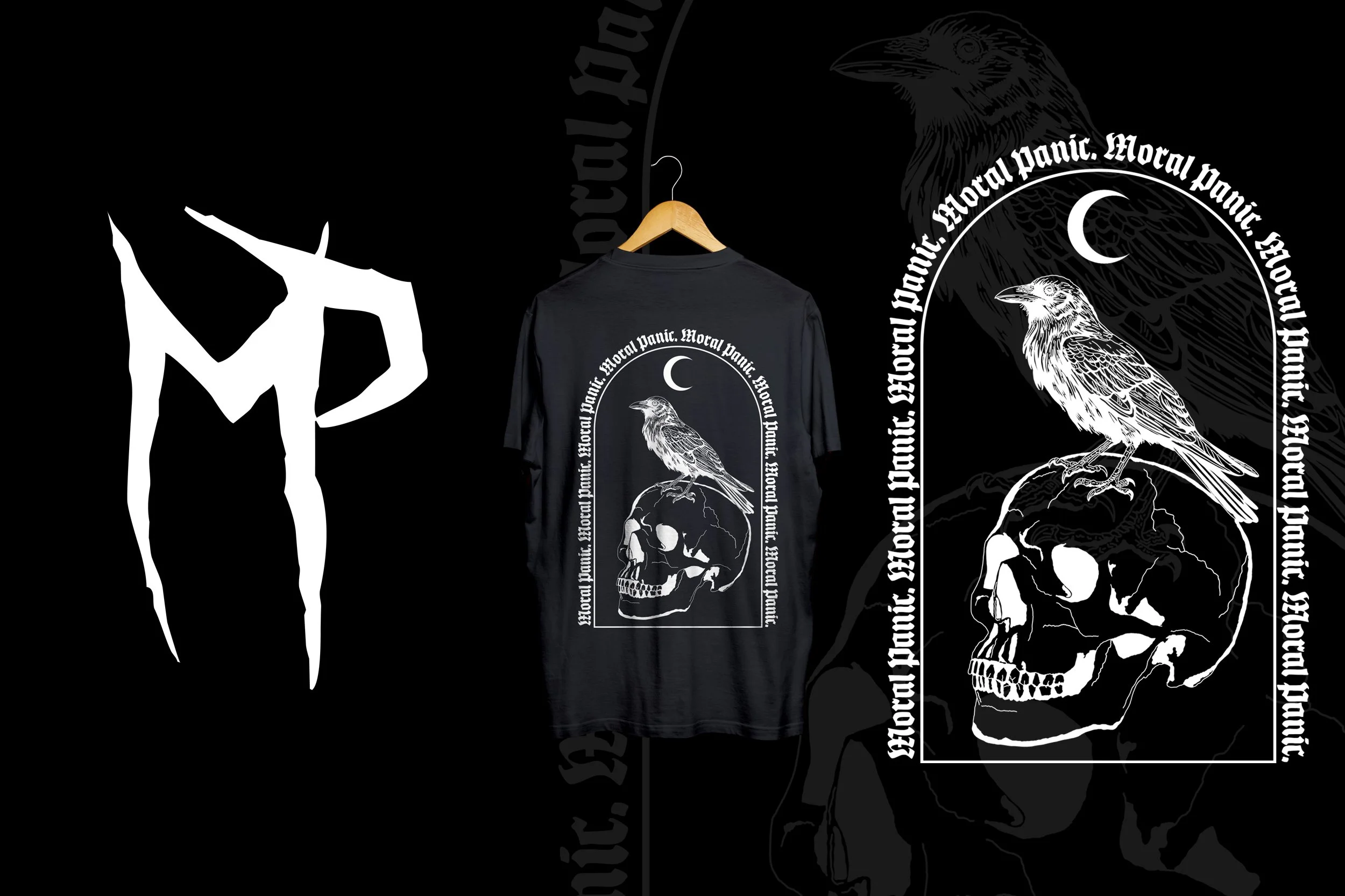 Black T-shirt with a graphic design of a skull and a raven perched on it, surrounded by the phrase 'Moral Panic. Moral Panic' and a crescent moon, set against a black background with a larger white design of the same skull and raven.