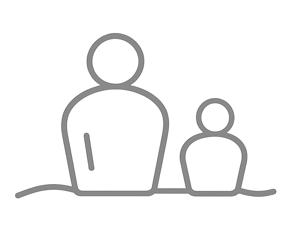 Outline drawing of two people, one taller and one shorter, sitting at a table.