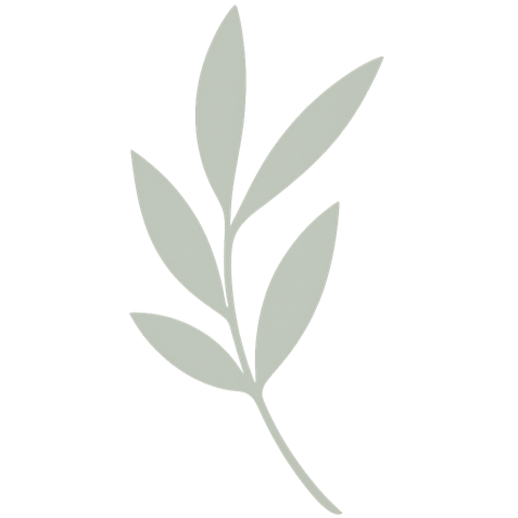 A minimalist illustration of a leafy branch with six leaves on a black background.
