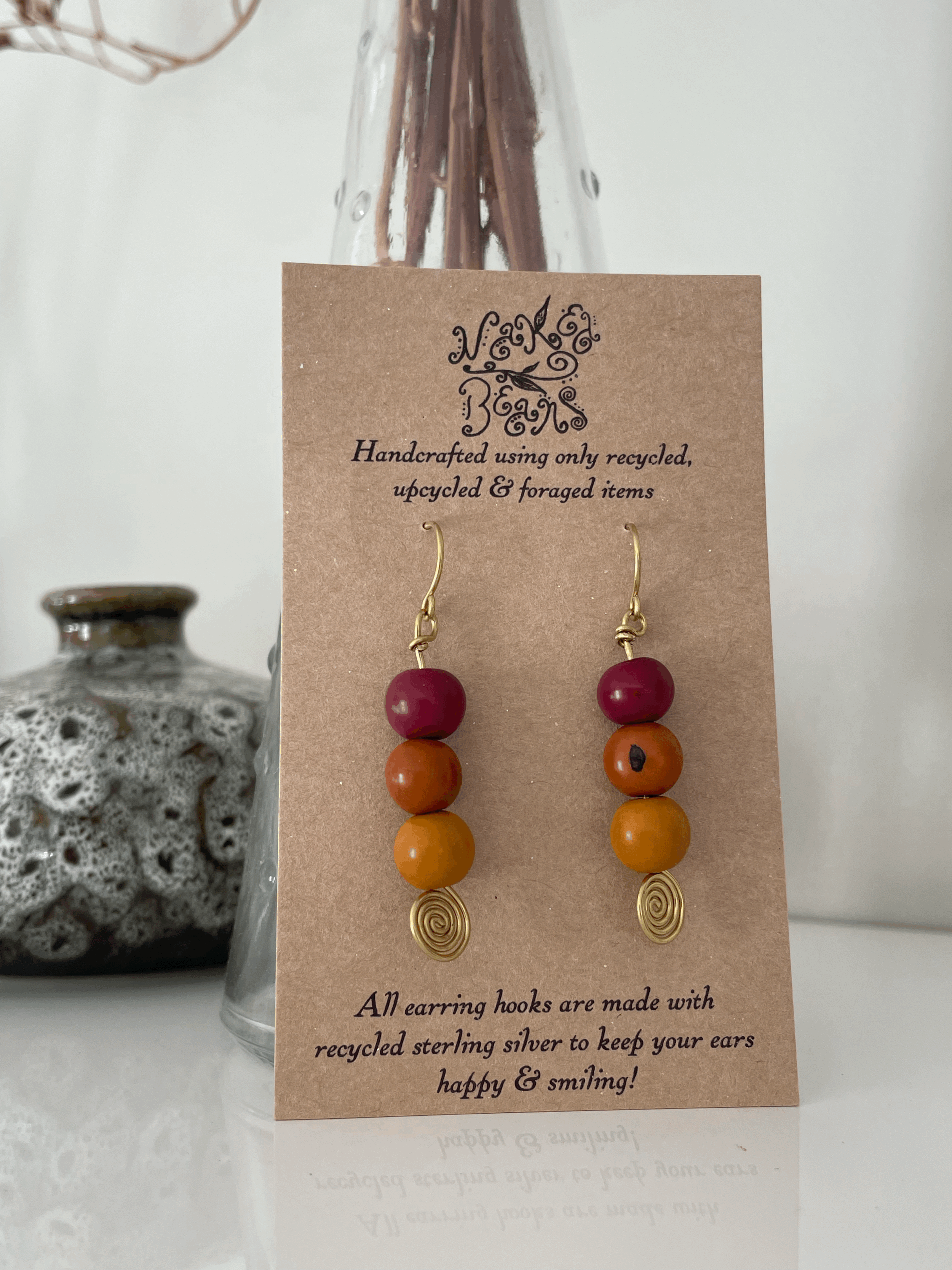 Handmade upcycled autumnal tricolour beaded spiral earrings