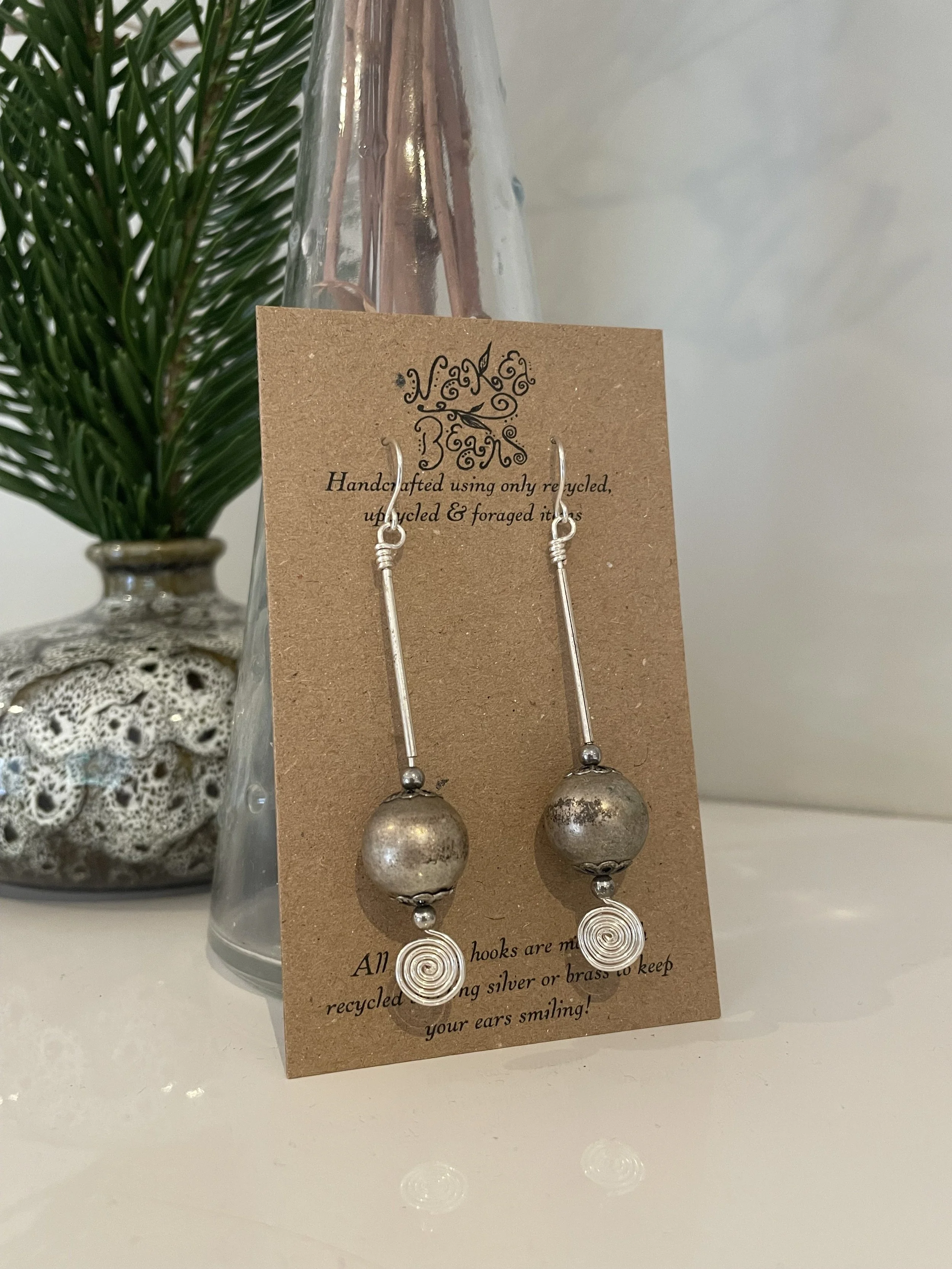 Handmade upcycled silver long drop spiral earrings