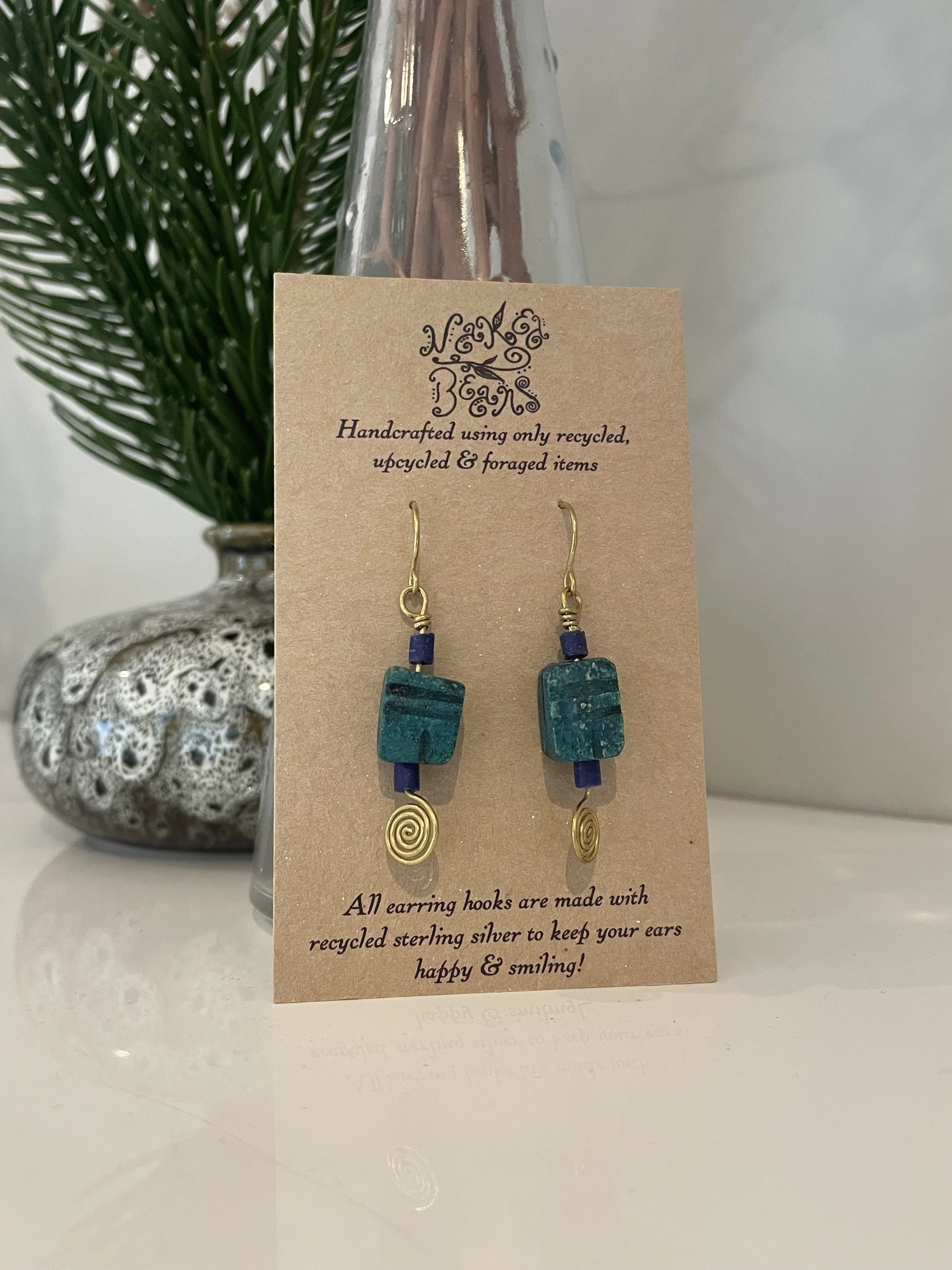 Handmade upcycled scarab beetle cermaic beads spiral earrings