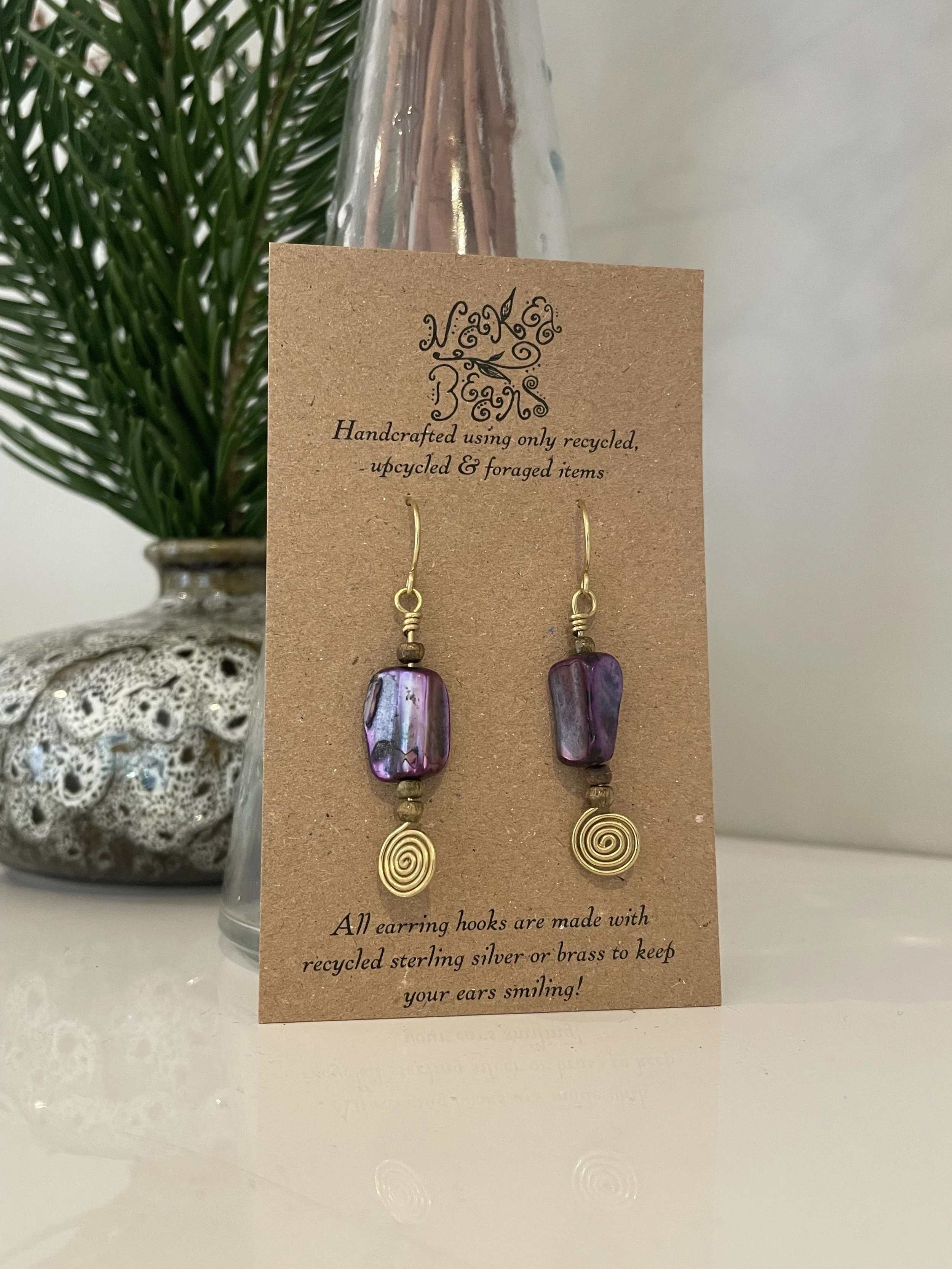Handmade upcycled iriadescent purple stone spiral earrings
