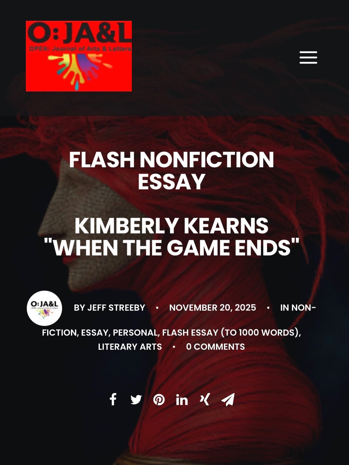 Flash nonfiction, published in O:JA&amp;L November 2025 

@ojalart @kbkearns 

https://ojalart.com/flash-nonfictionessaykimberley-kearnswhen-the-game-ends/