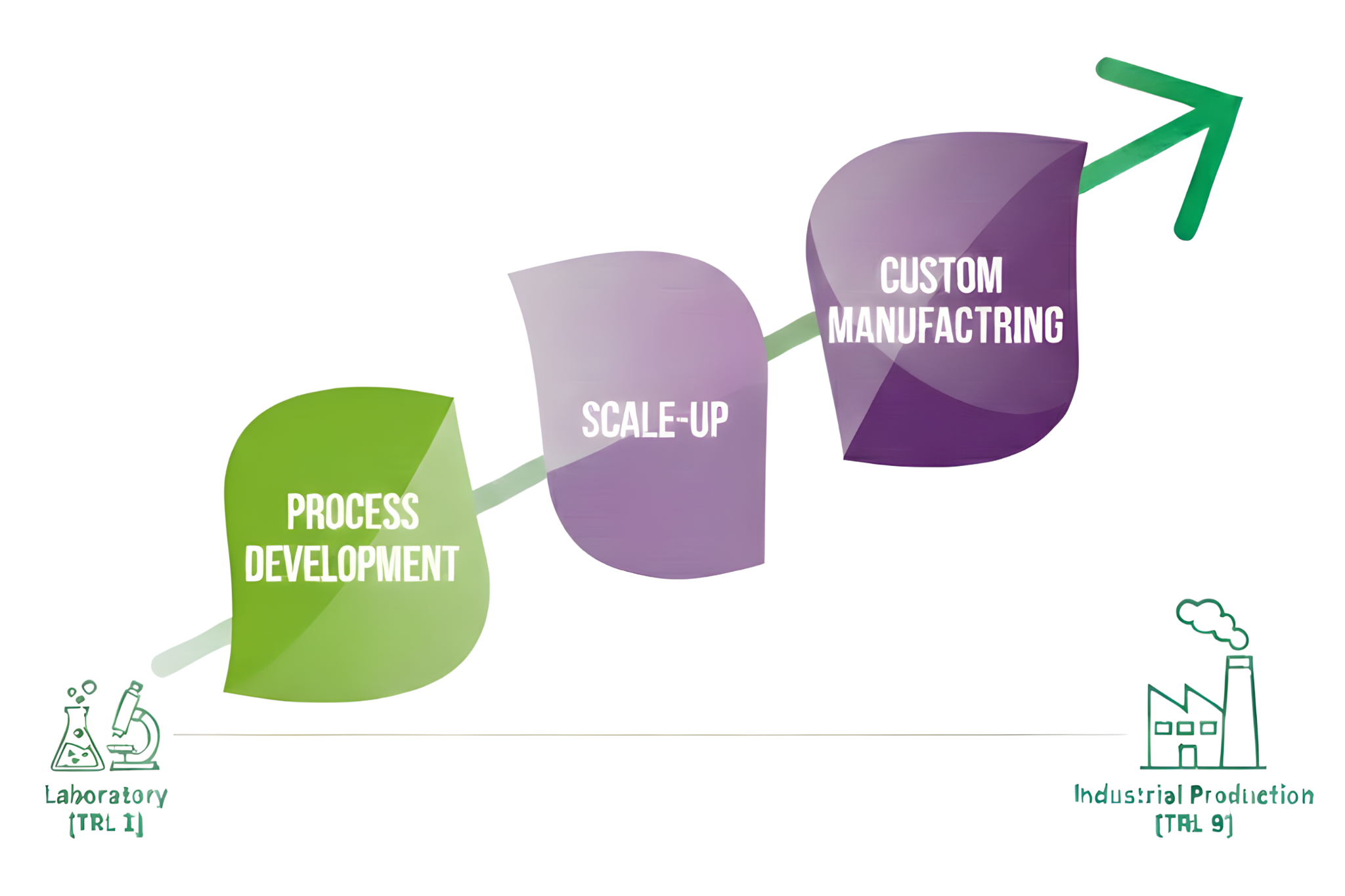 Flowchart illustrating a process pathway from laboratory to industrial production, including steps such as process development, scale-up, custom manufacturing, with icons of a laboratory and an industrial factory.