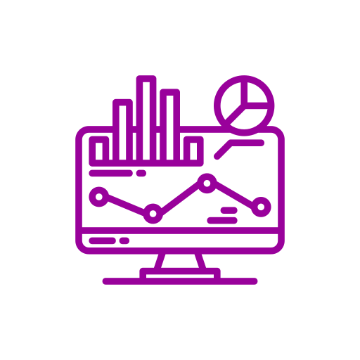 Icon of a computer monitor displaying graphs and charts, with a person figure and a pie chart in purple.