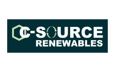 Logo for C-Source Renewables with a hexagonal graphic and green and white text.