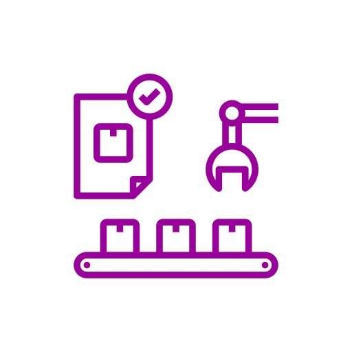 An icon showing a document with a checkmark, a robotic arm, and a conveyor belt with boxes, all in purple.