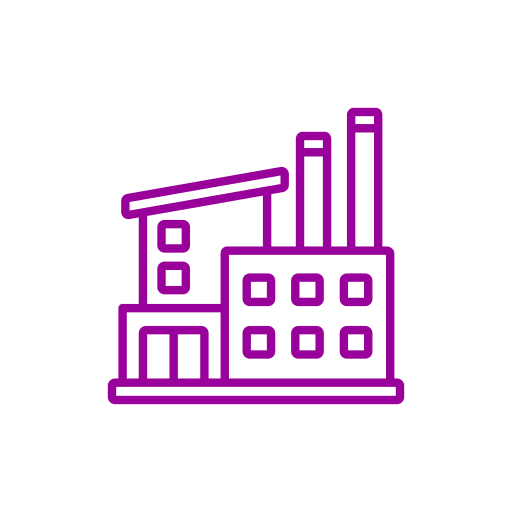 Purple outline of a factory with smokestacks on a black background.