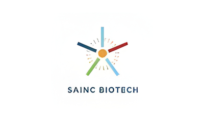 A logo with four colorful clock hands (blue, red, green, and dark blue) pointing outward from a central orange circle, with small tick marks around it, and the text 'SAINC BIOTECH' below.