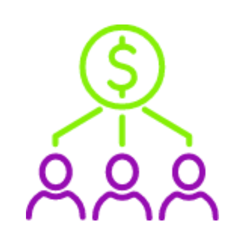 Diagram with a dollar sign at the top connected to three people icons below, representing financial or monetary distribution.