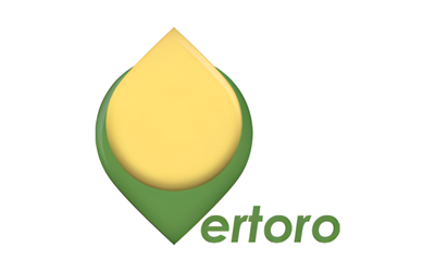 A yellow teardrop shape with a green border, and the word 'ertoro' in green text below.