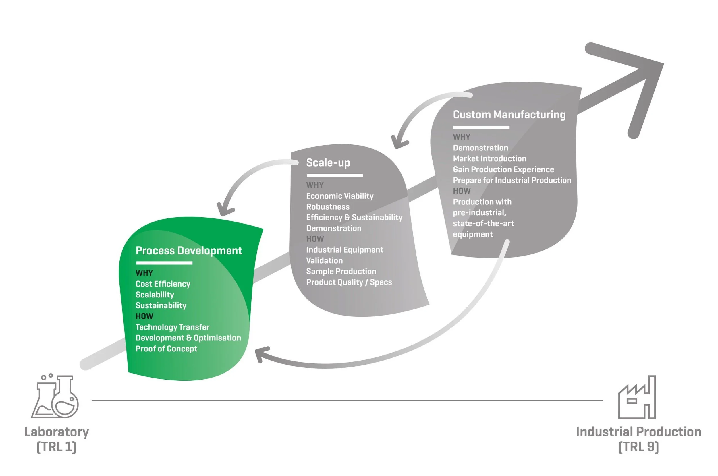 Flowchart illustrating a process from laboratory to industrial production, including stages: process development, scale-up, custom manufacturing, with arrows showing progression and overlap between stages.