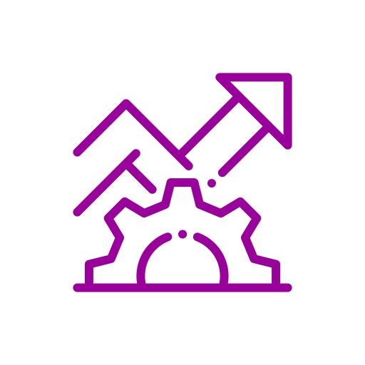 Purple line graph with upward arrow emerging from a gear icon, symbolizing growth and progress.