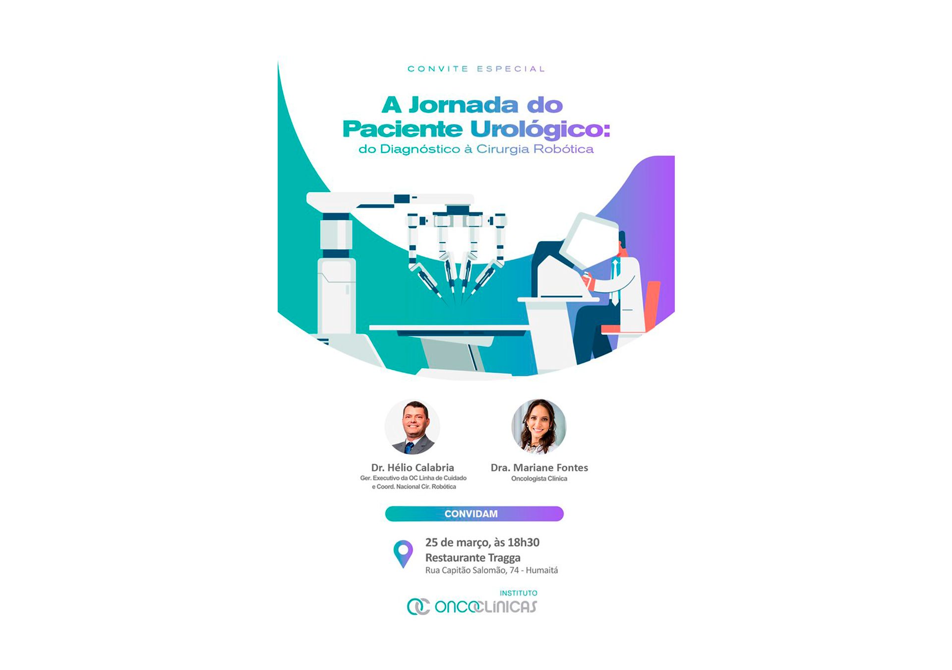 Convite para evento sobre Jornada do Paciente Urológico, com imagens de equipamentos médicos e profissionais de saúde, incluindo dr. Hélio Calabria e dra. Mariane Fontes, informações de data, horário, local e o logo do Instituto Oncoclínicas.