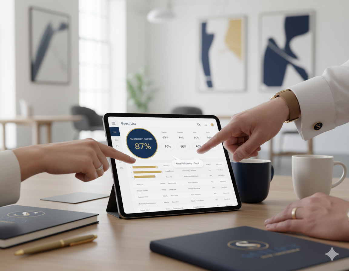 Duas pessoas apontando para um tablet que mostra uma lista de convidados e um gráfico de estatísticas, em um ambiente de escritório com mesas, cadeiras, livros, caneta, canecas e quadros decorativos na parede ao fundo.