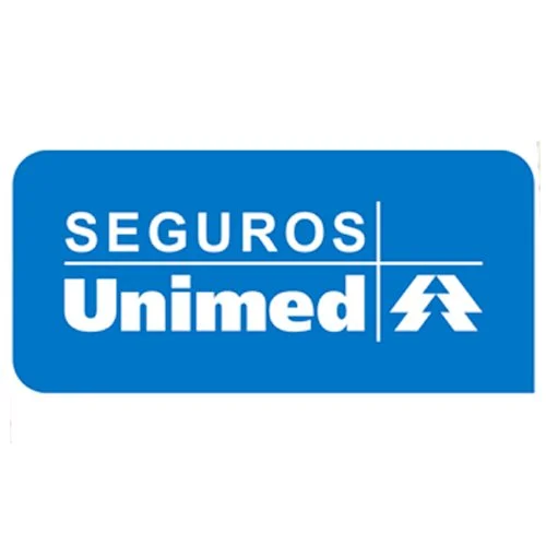 Logotipo da Unimed Seguros em fundo azul com símbolo de árvore estilizada.