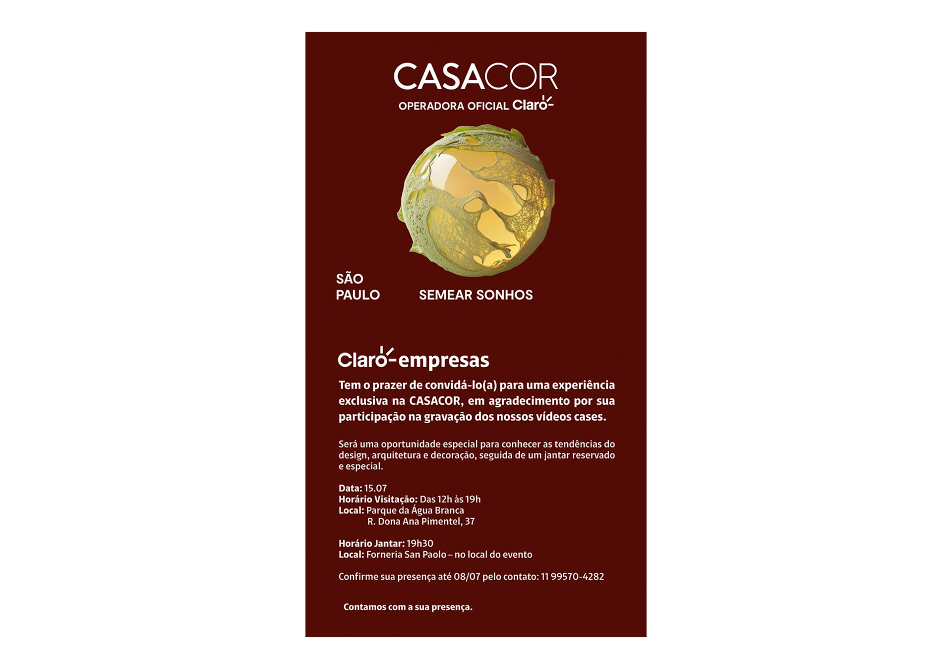 Convite para evento de experiência exclusiva na CASACOR São Paulo, promovido pela Claro empresas, com detalhes sobre data, horário, local e contato.