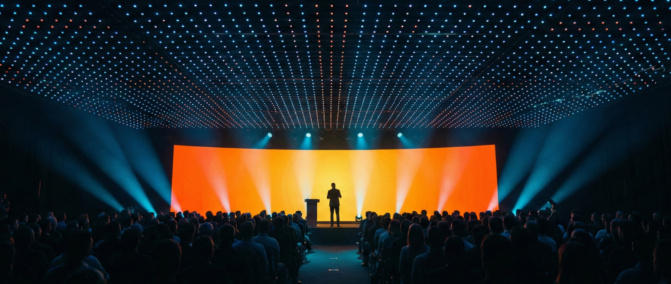 evento da industria farmaceutica da suplicy rsvp concierge. Palestra com grande tela de fundo laranja, um orador no palco