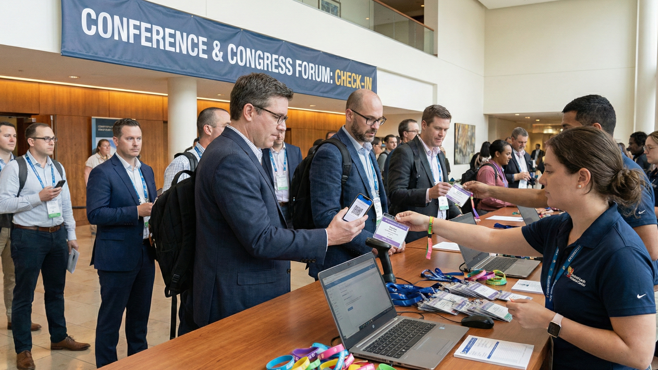 Pessoas na fila de registro em um evento de conferência, com um banner azul acima que diz 'Conference & Congress Forum: Check-in', enquanto funcionários atendem os participantes no balcão com laptops e materiais de evento.