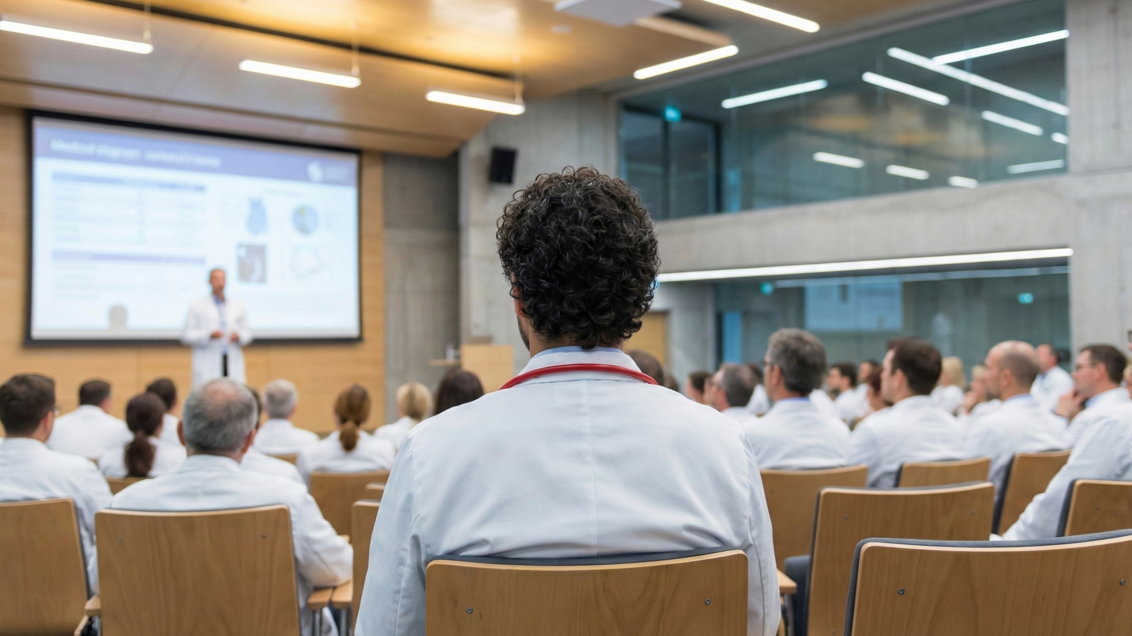 	
evento da industria farmaceutica da suplicy rsvp concierge. Profissional de jaleco branco falando em apresentação para grupo de médicos em auditório moderno com filas de cadeiras de madeira