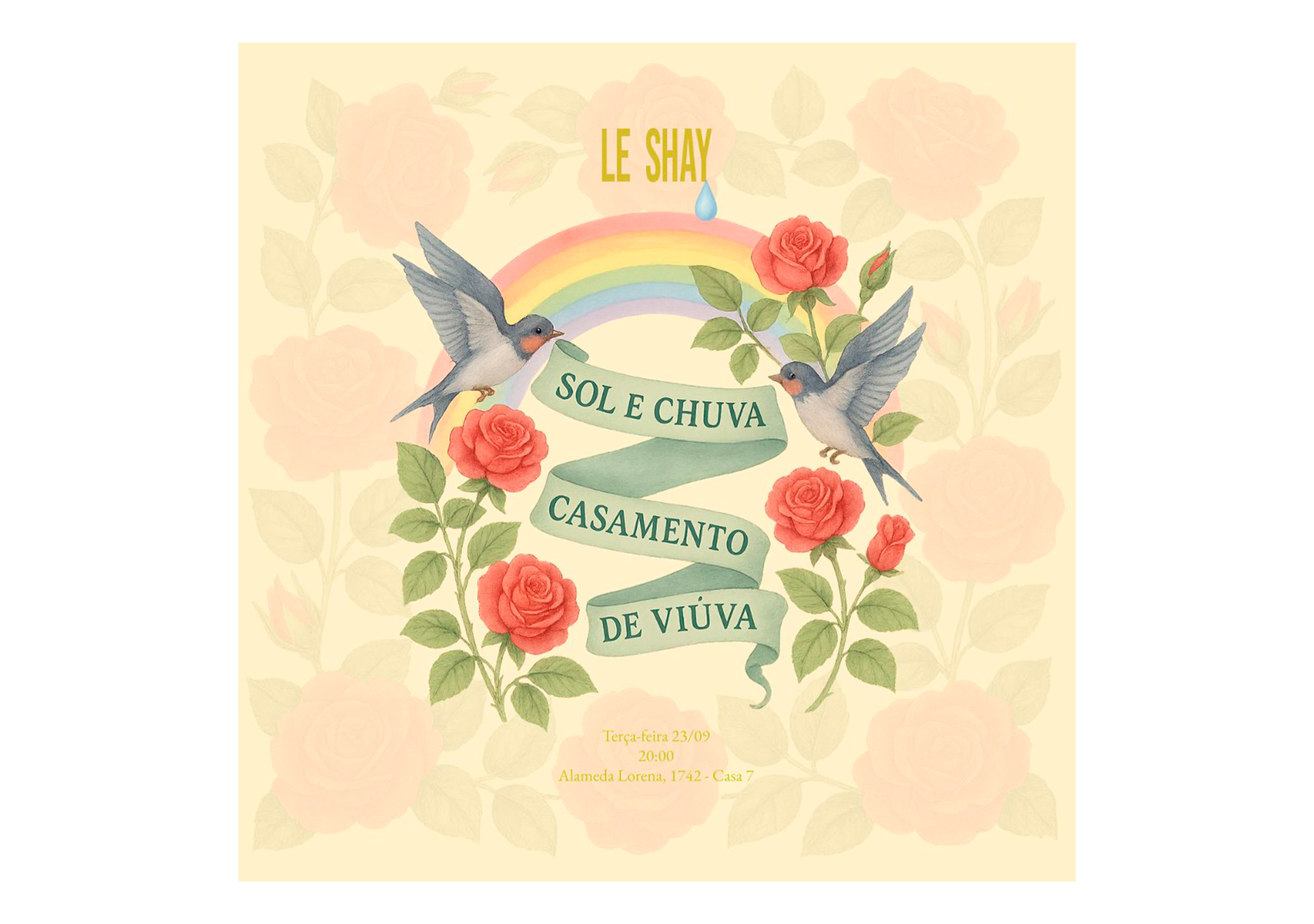 Convite de casamento com ilustrações de rosas, pássaros e um arco-íris, contendo o texto 'Le Shay', 'Sol e Chuva', 'Casamento de Viúva', e detalhes do evento.